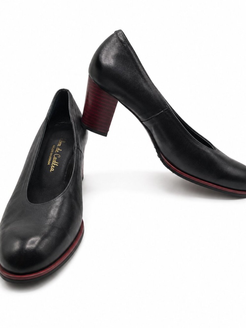 Alma de Candela Black Leather Pumps Red Stacked Heel Spain Size 40 US 9